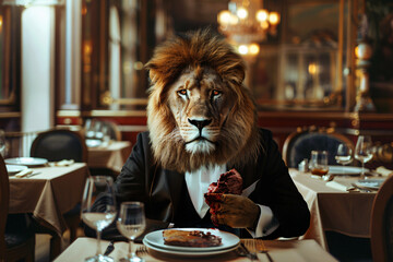 Beautiful lion in human clothes eating meat in restaurant