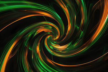 Enchanting neon swirls with green and orange glowing patterns. Vibrant artwork on black background.