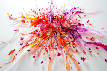 Radiant bursts of color burst forth, creating an abstract floral explosion that ignites the imagination on a pristine white surface.
