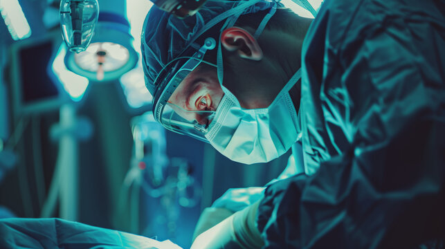 A man in a blue surgical suit performs an operation. The room is brightly lit, the man is wearing a mask and goggles. A virtual surgeon