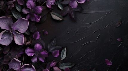 Invitation card design. Dark tones, elegant, luxury. Vibrant purple flowers on textured background