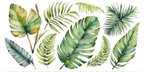 Watercolor set of tropical leaves,  - 794182498