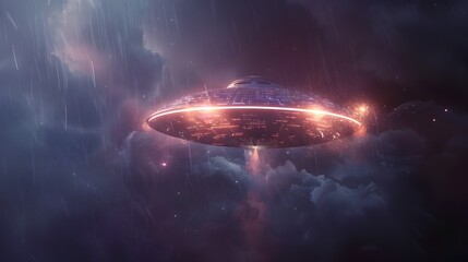 Mysterious UFO Appearing Amid Dramatic Stormy Night Sky with Shimmering Lights and Cinematic Atmosphere - obrazy, fototapety, plakaty