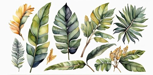 Watercolor set of tropical leaves,  - 794182645