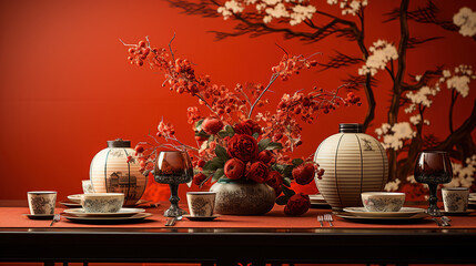 Chinese Lanterns Surround Exquisite Chinese Tableware Placed On A Table Covered with a Red Cloth On Background Blur