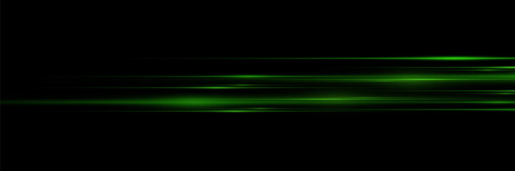 Green line of speed and light. Horizontal flash, glowing effect.