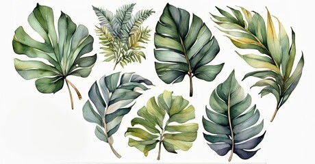 Watercolor set of tropical leaves,  - 794182804