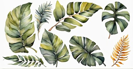 Watercolor set of tropical leaves,  - 794183016