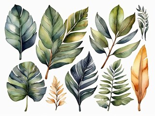 Watercolor set of tropical leaves,  - 794183031