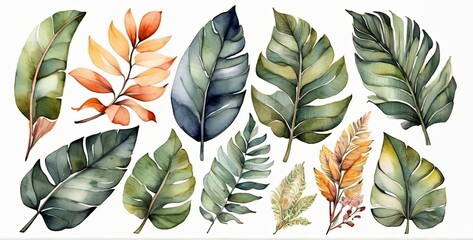 Watercolor set of tropical leaves,  - 794183067