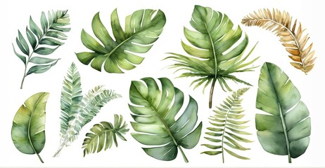 Watercolor set of tropical leaves,  - obrazy, fototapety, plakaty