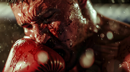 A knockout. Close-up of a boxing match. A strong opponent hits his opponent in the face with a red boxing glove