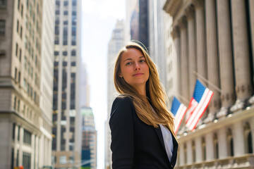 Fototapeta na wymiar Business Woman Walking Down Wall Street In New York City, Financial Markets, Stock Trader, Business Owner, Female In Suit, Professional Photo