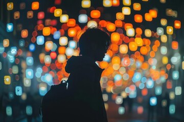 Silhouette of a person with app notification bubbles overhead, overwhelmed by social media