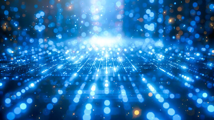 Radiating blue lights and glowing particles create a futuristic digital backdrop, embodying concepts of technology, cyber-space, data flow, and network, innovation and information technology