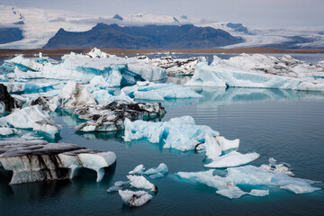 Amazing landscape of Jokulsarlon, the world's most famous glacier lagoon, aerial shot. Travel and...