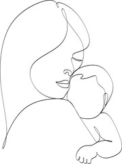 Abstract mother with a child in continuous one line drawing art style. Mother`s Day card. Woman hugging her baby. Happy motherhood concept. Modern vector illustration. Without artificial intelligence