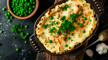A homemade shepherd's pie with mashed potatoes and peas on the side