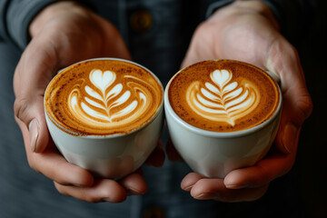 Closeup of people holding coffee latte art with high angle view
