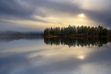 Fototapeta premium Fog at the lake Jonsvatnet, Norway