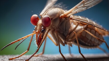 A close-up macro photograph showcasing the fine details of a mosquito feeding on human flesh.