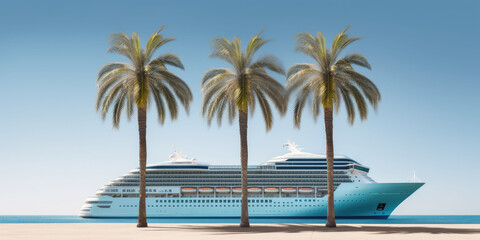 A pristine white cruise ship glides gracefully near a tropical beach, exuding elegance and luxury.