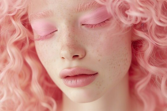 In a serene close-up, an ethereal albino woman with delicate pastel pink curls and makeup exudes an aura of feminine grace and tenderness, captivating with her otherworldly beauty.
