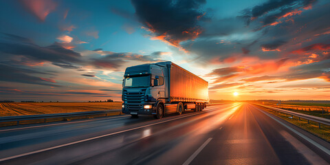 Delivery cargo trucks driving in motion on highway road in country field at sunset. Concept of lorry logistic freight transportation business.