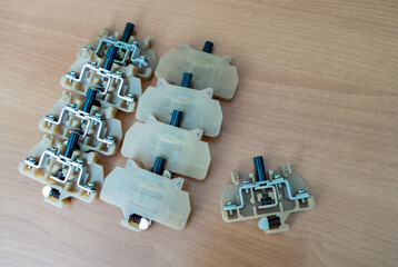 Terminals for din rail. Electricity terminal strip on DIN rail for electrical terminals - obrazy, fototapety, plakaty