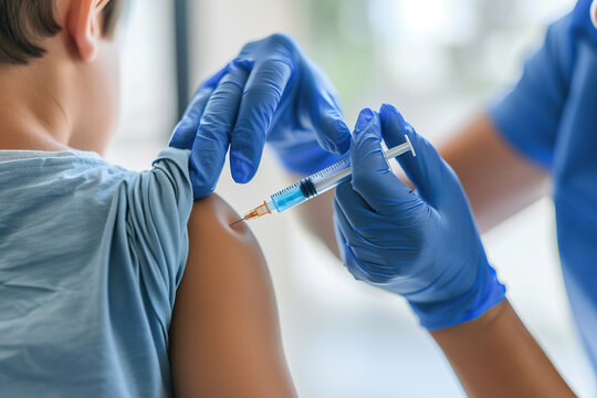 Child receiving a vaccination. Little boy in face mask in doctor's office is vaccinated. Kid giving injection shot. Syringe with covid-19, coronavirus, flu vaccine. Dangerous infectious disease, MPOX