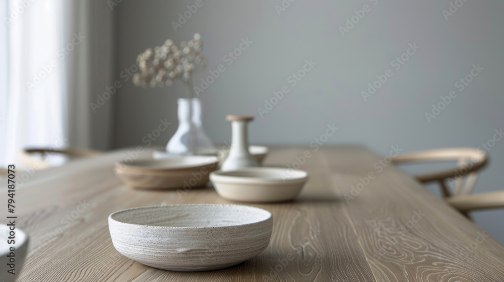 Poster a minimalist dining area with a simple table and a few select neutralcolored dishes. . .