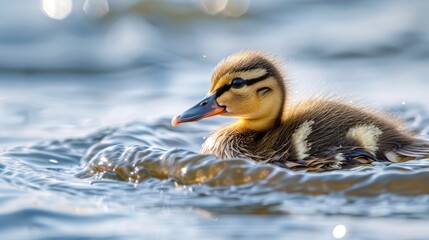 Baby Mallard Duck gliding on the surface of the water - obrazy, fototapety, plakaty