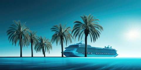 Anchored near a tropical shore, an elegant white cruise ship adds a touch of sophistication to the idyllic beachscape.