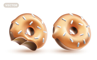Vector illustration of realistic set of chocolate glazed donut with sprinkles on white color background. 3d style design of whole and bitten donut with shadow. Sweet food