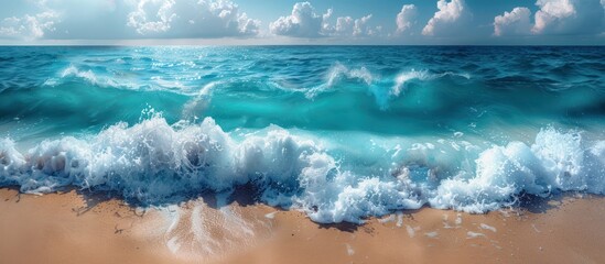 Blue sea waves with white foam leading to the shore