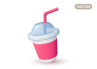 Vector illustration of realistic cardboard drink cup with plastic cover and tube on white color background. 3d style design of takeaway fastfood beverage with shadow