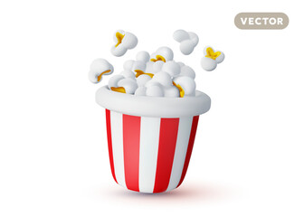 Vector illustration of realistic full striped red bucket of pop corn on white color background. 3d style design of popcorn bucket with shadow. Sweet cinema food