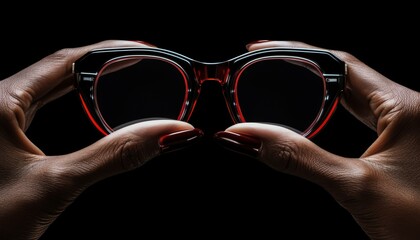 Stylish advertising photo of a hand holding designer glasses, classic black background, emphasizing sophistication and fashion