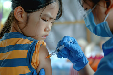 Child receiving vaccination. Smiling little asian girl in doctor's office is vaccinated. Kid giving injection shot. Syringe with covid-19, coronavirus, flu vaccine. Dangerous infectious disease, MPOX - obrazy, fototapety, plakaty