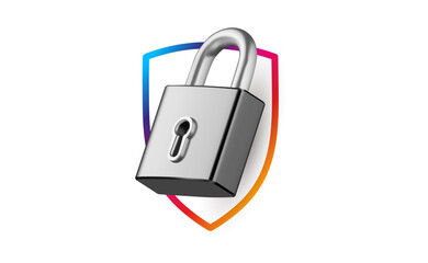 Vector illustration of silver color padlock and security shield on white background. 3d style design of metallic shine padlock and line shield