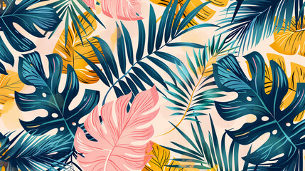 Fototapeta na wymiar Abstract seamless pattern with tropical leaves in pastel colors. Vector illustration of natural elements for textile, wallpaper or print design