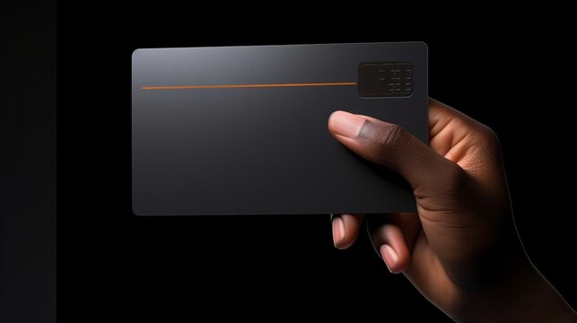 Closeup of a hand presenting a credit card, set against a dark, sleek black backdrop, symbolizing ease and modernity