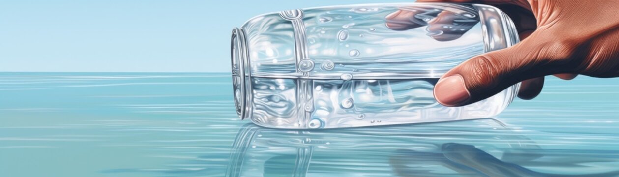 Closeup of a hand with a sleek water bottle against a backdrop of sparkling clear transparency, emphasizing freshness