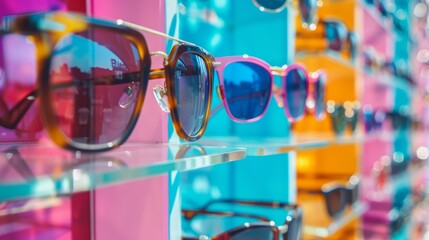 Variety of stylish sunglasses on a reflective surface. Product photography with colorful background - obrazy, fototapety, plakaty