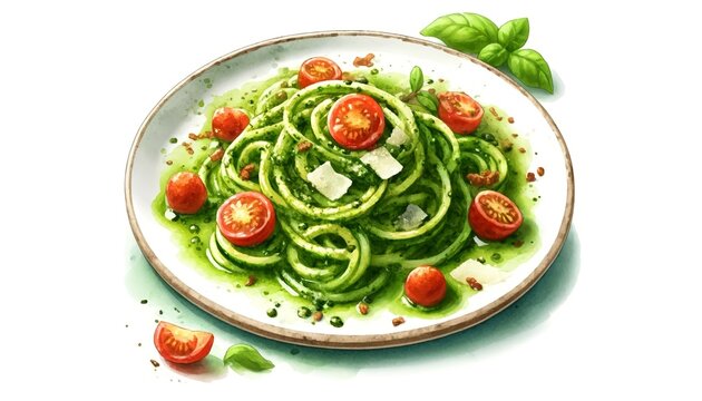 A watercolor painting of Zucchini Noodles with Pesto, artistically depicting the noodles in pesto sauce, enhanced with Parmesan and tomatoes in a vibrant presentation
