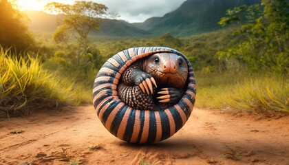 A realistic photographic image of a Tatu Bola (Tolypeutes tricinctus) rolling into a ball in its natural habitat in Brazil, showcasing its unique defense mechanism.