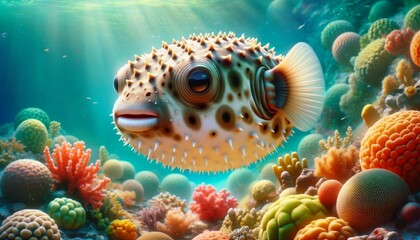 A realistic image of a Pufferfish (Tetraodontidae) in the ocean, showing its unique body shape and capability to inflate, against a vibrant coral backdrop
