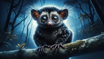 A realistic photographic image of an Aye-aye (Daubentonia madagascariensis) in Madagascar's forest, highlighting its large eyes and slender fingers at night.
