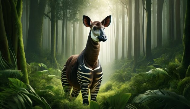 A realistic photographic image of an Okapi (Okapia johnstoni) in its dense forest habitat, showcasing its unique striped pattern and long neck.
