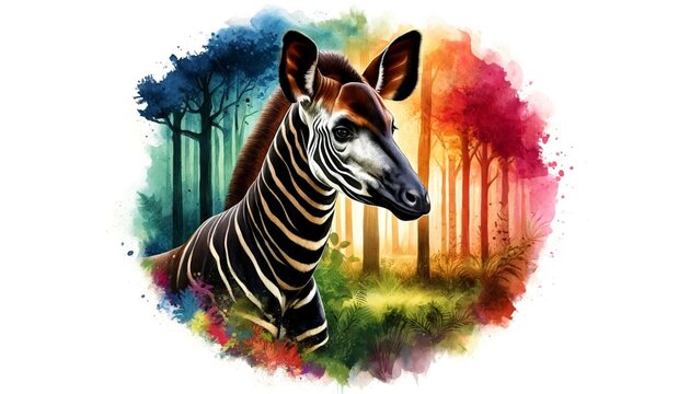 A watercolor painting of an Okapi (Okapia johnstoni) in a vibrant forest setting, highlighting its distinctive stripes and elegant stature in an artistic style.
